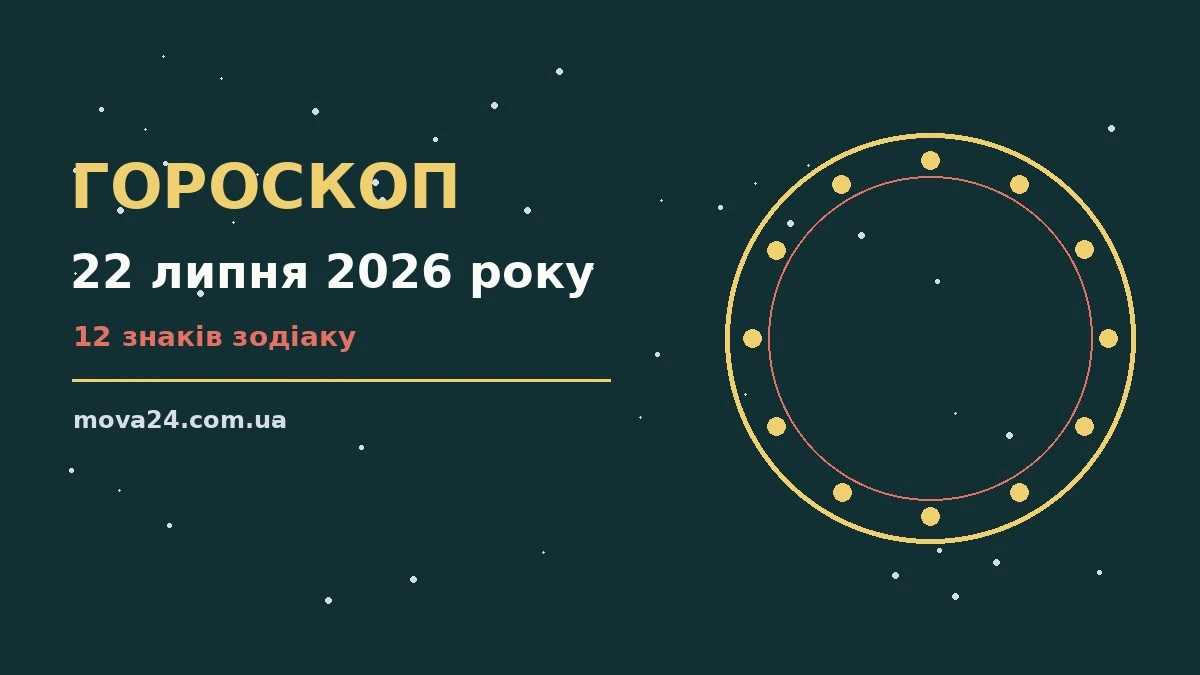 Зоряне небо із символами зодіаку на тлі ранкового міста, ілюстрація до гороскопу на 22 липня 2026 року