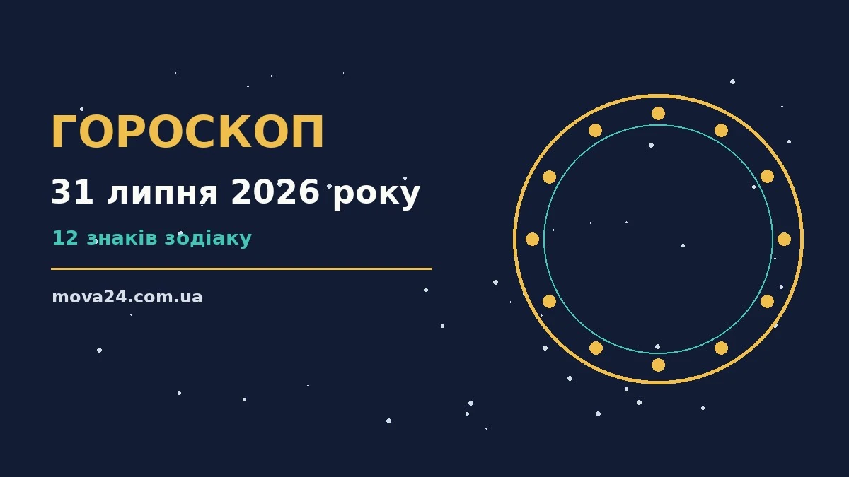 Зоряне небо і символи знаків зодіаку на тлі вечірнього міста, ілюстрація до гороскопу на 31 липня 2026 року